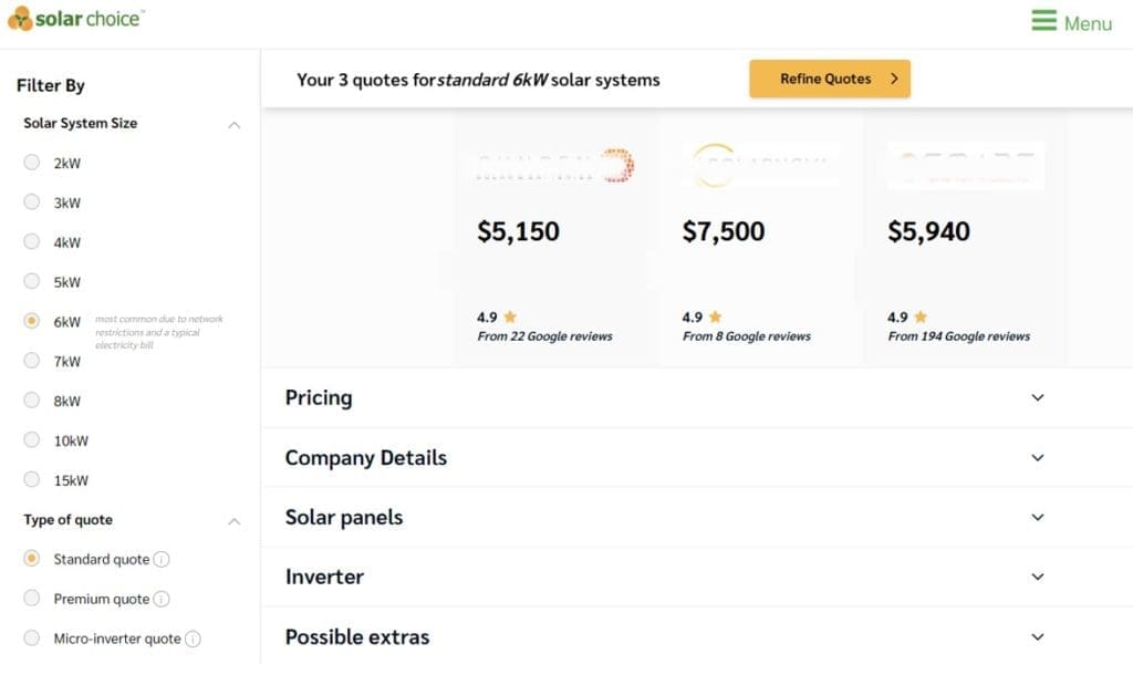 Screenshot des Angebotsvergleichs von Solar Choice
