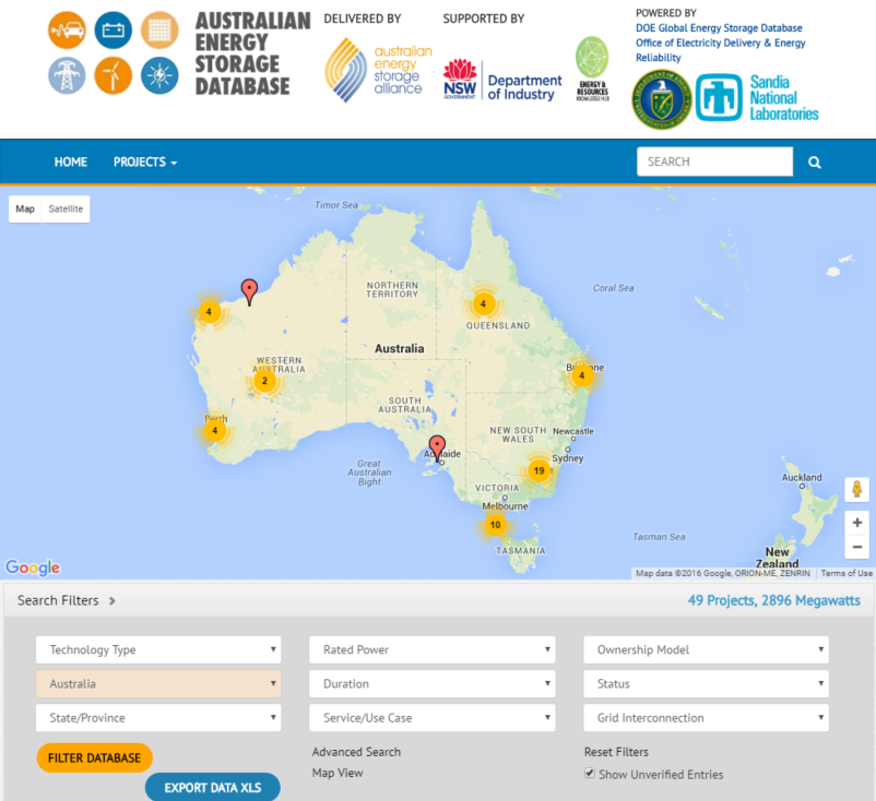 Australian Energy Storage Database screenshot