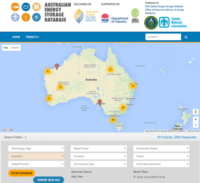 Screenshot der australischen Energiespeicherdatenbank