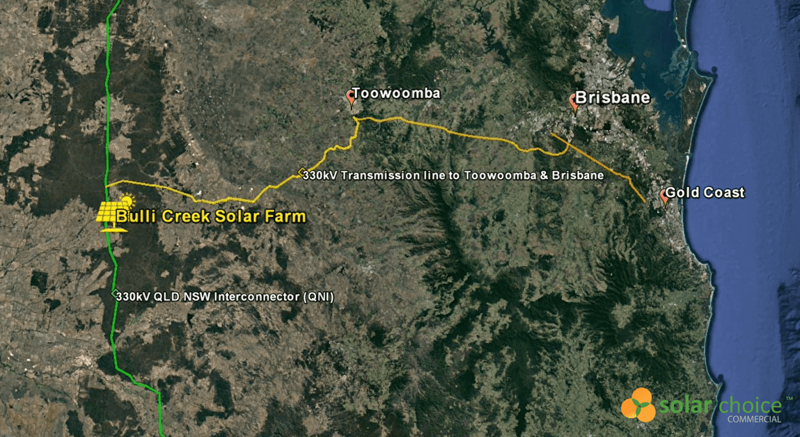 Placering af Bulli Creek Solar Farm på Queensland, NSW-forbindelsen