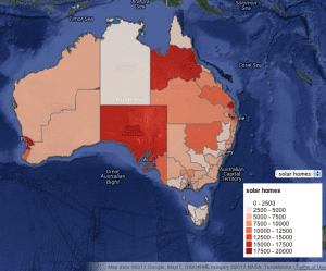 Australiens solenergikort, der viser antallet af solenergihuse